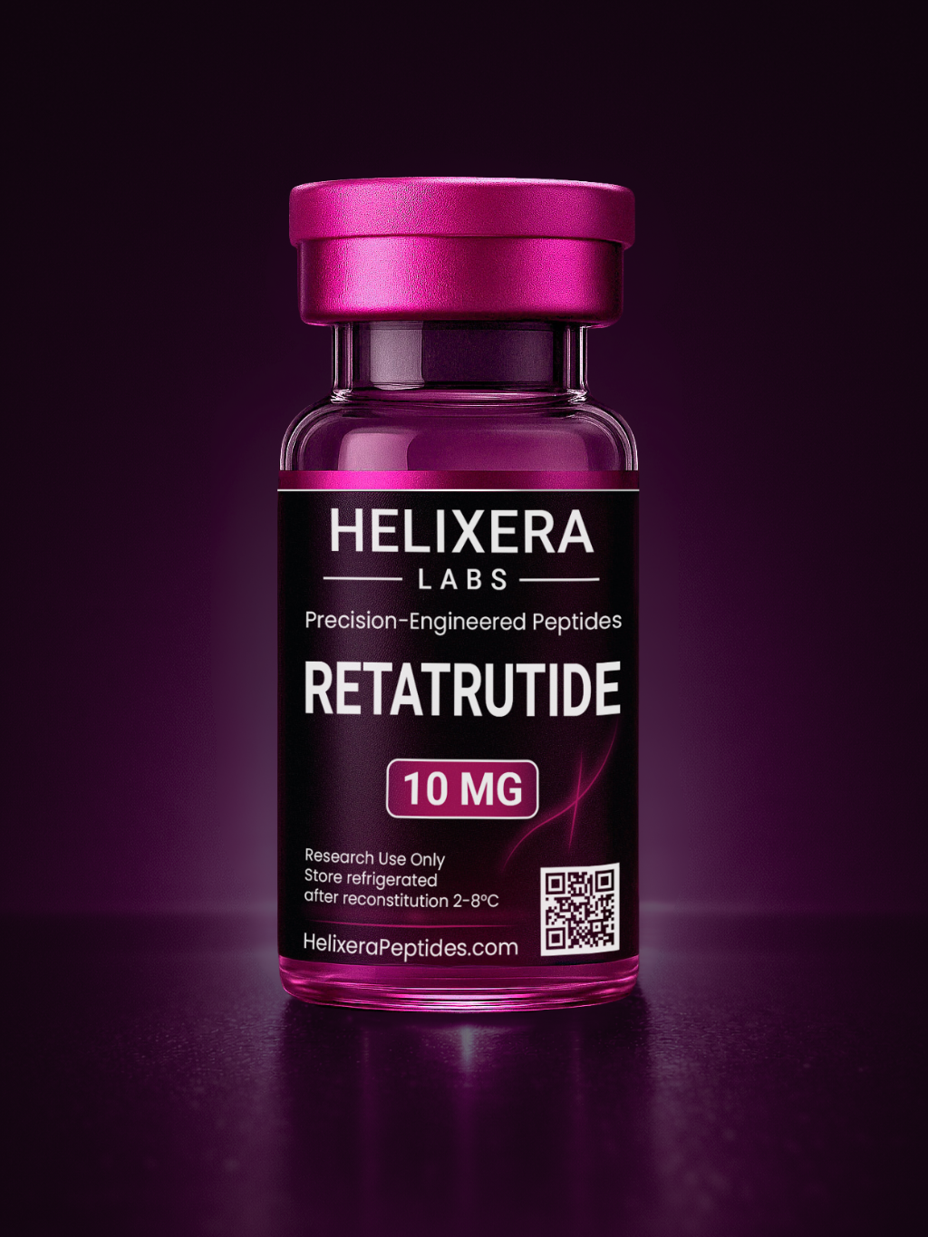 Helixera Labs Retatrutide vial on a dark background