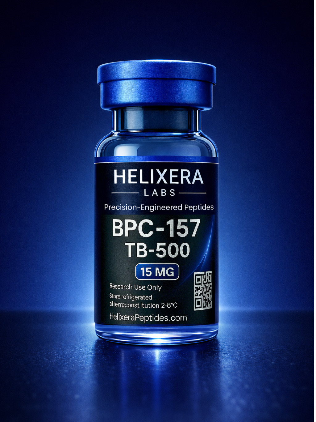 Helixera Labs BPC-157 TB-500 peptide bottle on a dark background