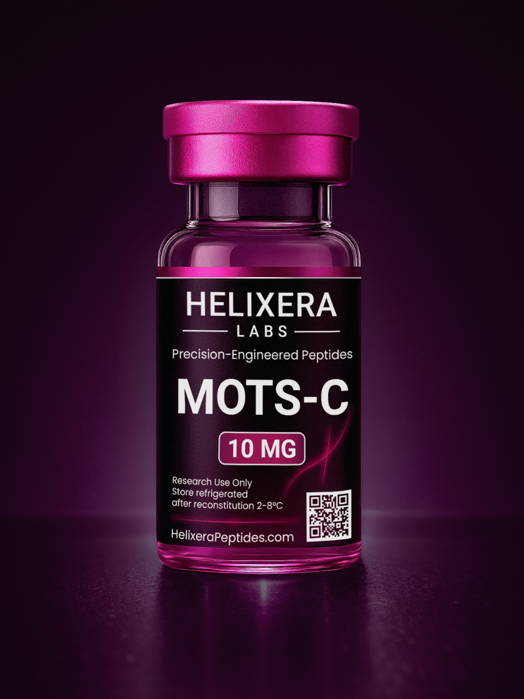Purple Helixera Labs MOTS-C peptide bottle on a dark background