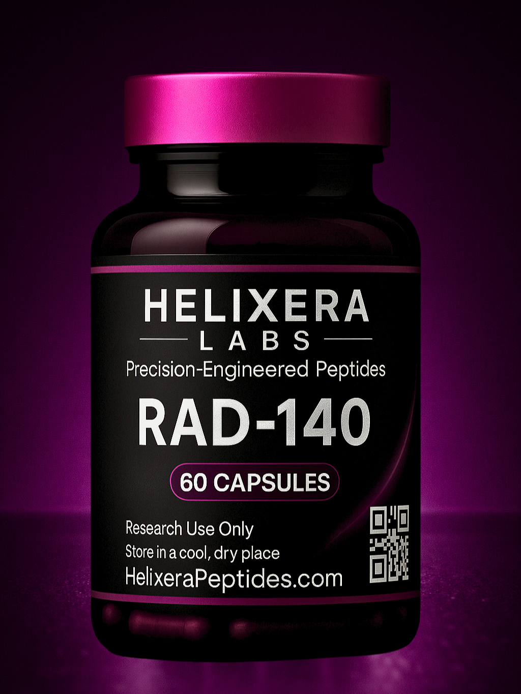 Bottle of Helixera Labs RAD-140 peptides on a purple background