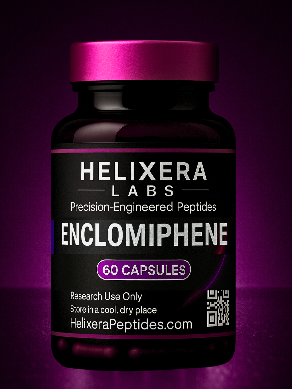 Bottle of Helixera Labs Encломiphen with purple cap on a dark background