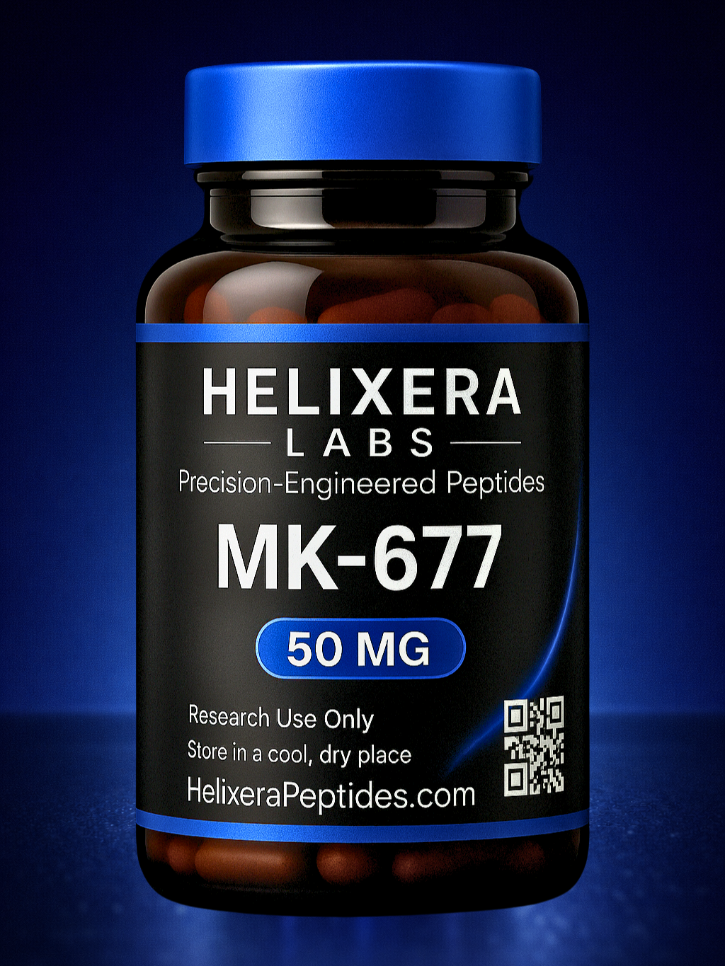 Bottle of Helixera Labs MK-677 peptide supplement on a dark background