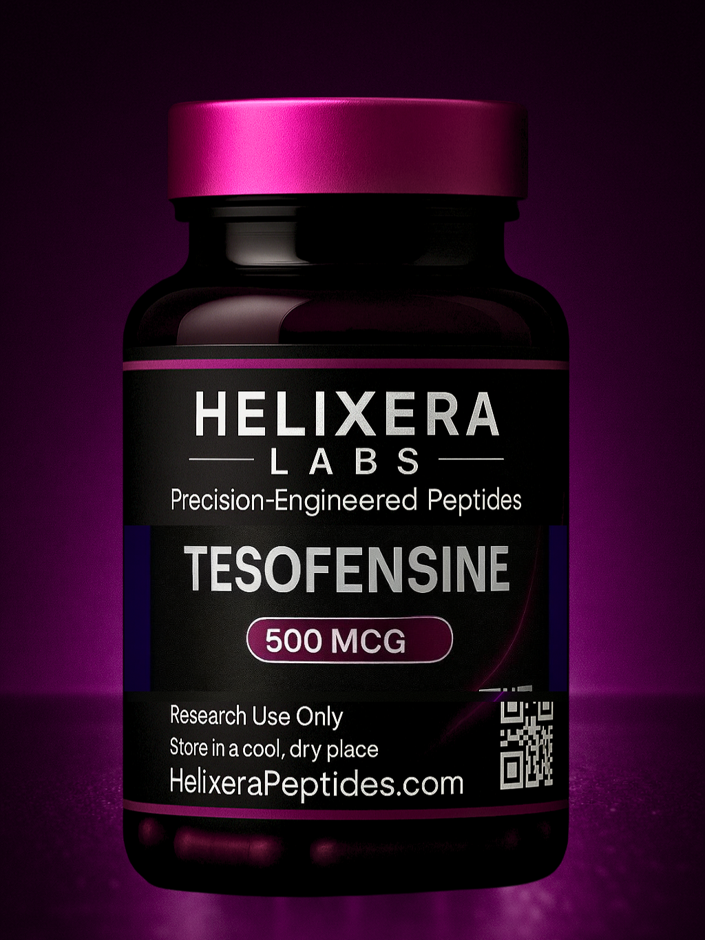 Bottle of Helixera Labs Tesofensine on a purple background