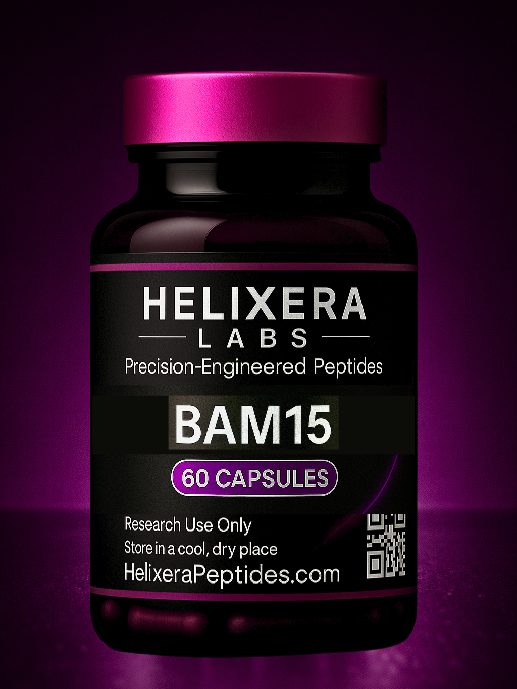 Bottle of Helixera Labs BAM15 peptides on a purple background