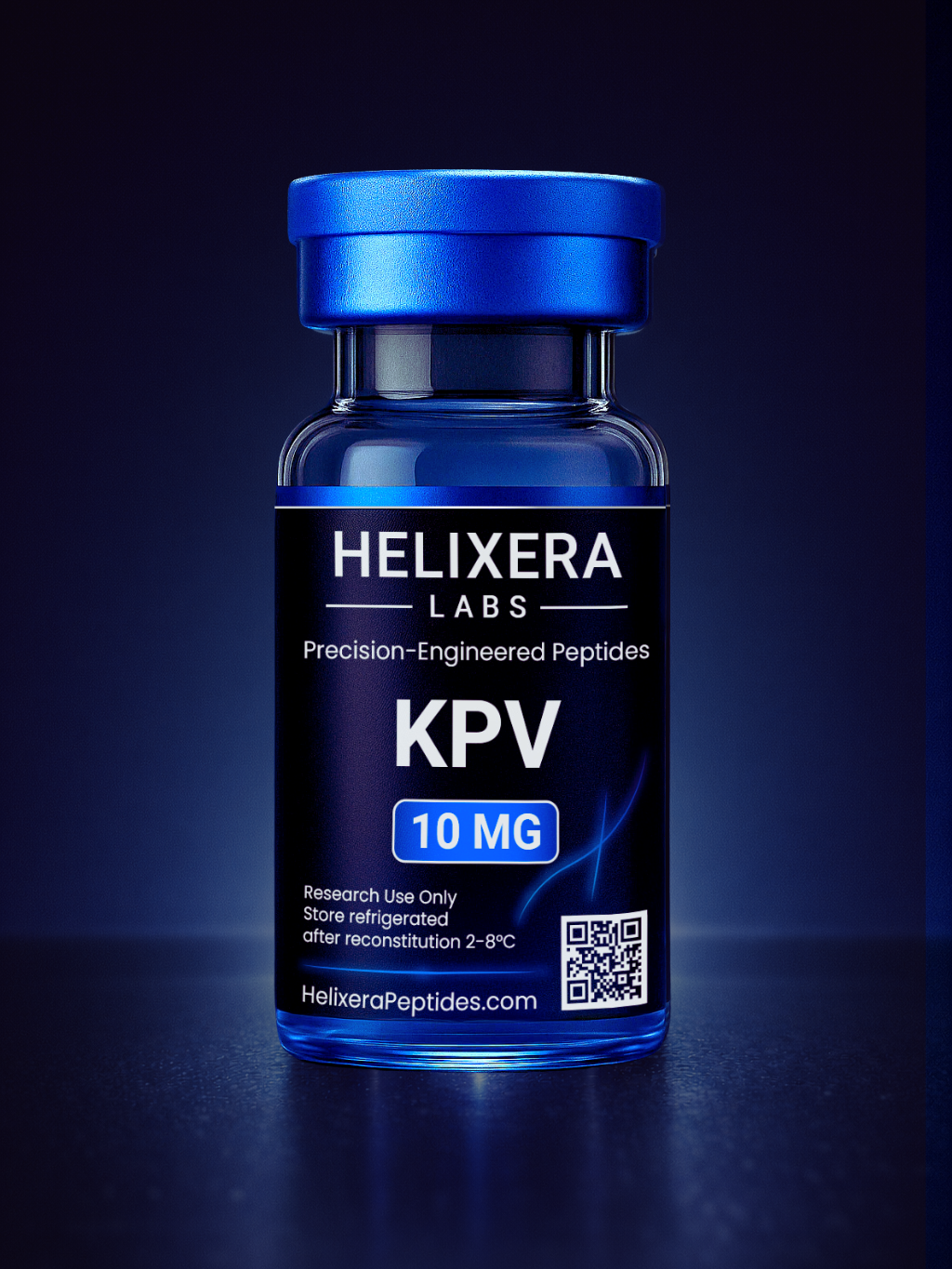 Blue Helixera Labs KPV peptide bottle on a dark background